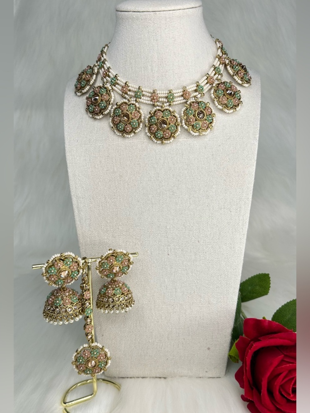 Elegant Floral Gold & Mint Pink Beaded Pearls Necklace Earring & Tikka Set